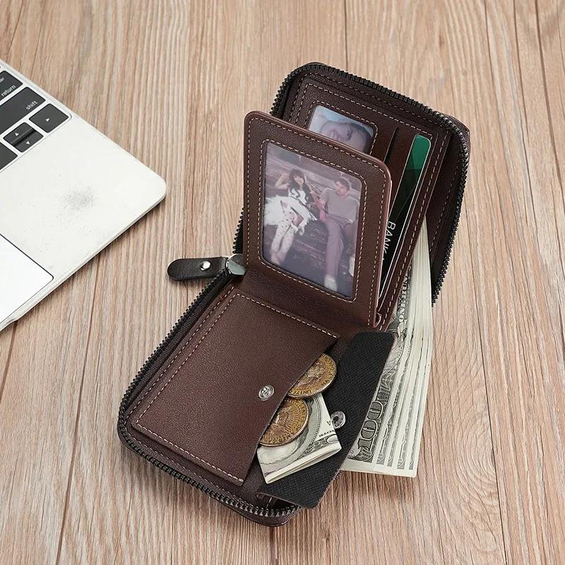 Luxury Men’s Wallet Leather Mens Purse Male 3 Flod  Zipper Money Clip Card Holders with Coin Pocket Rfid Wallets Gifts for Men Money Bag