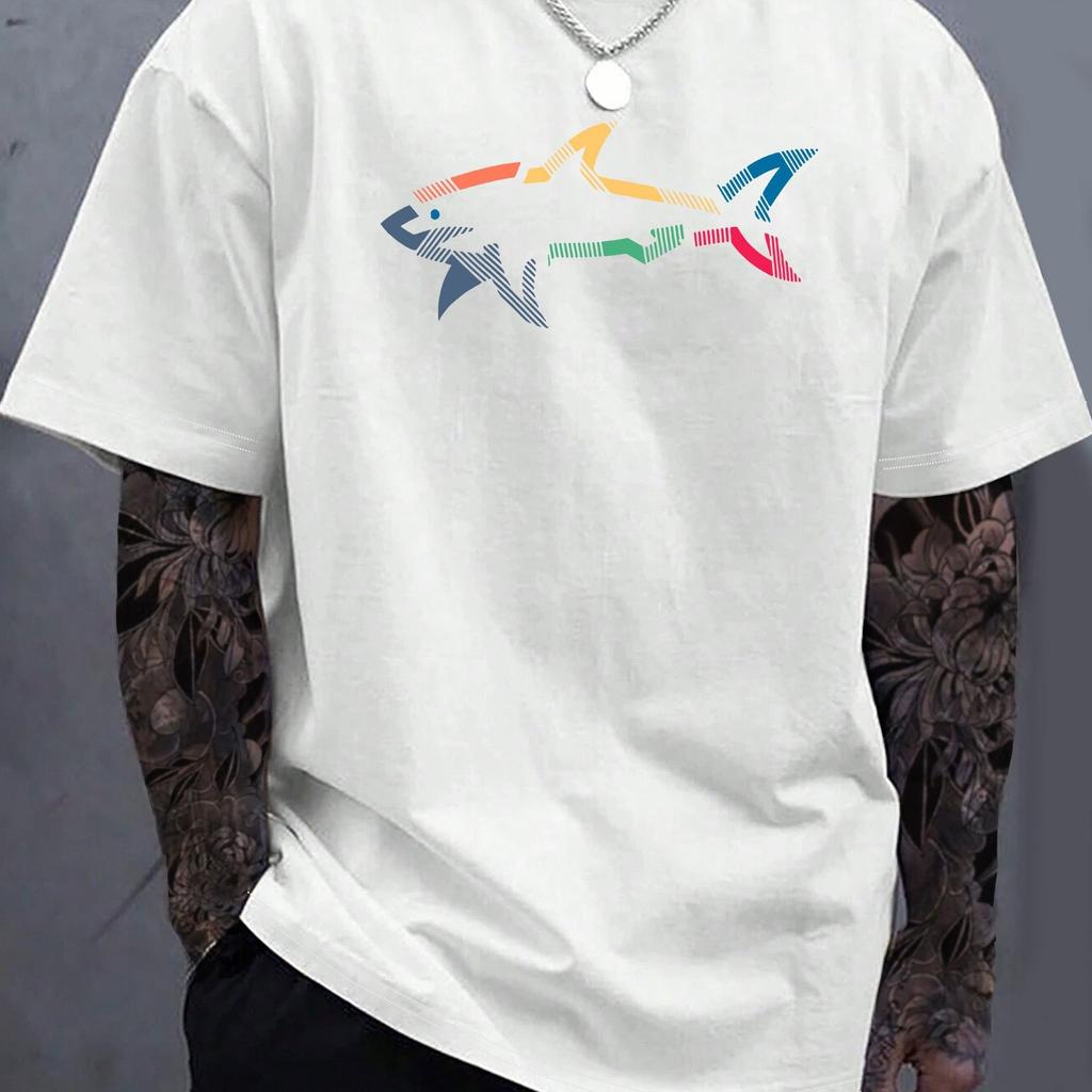 2D trendy high-quality print 2025 summer fashion fitness small fish graffiti black and white pure cotton short-sleeved T-shirt