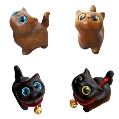 Handgefertigte Katzenfigur aus Holz mit einzigartigen Augen, geschnitztes Kätzchen-Miniatur-Ornament für Heimdekorateure und Kunstsammler