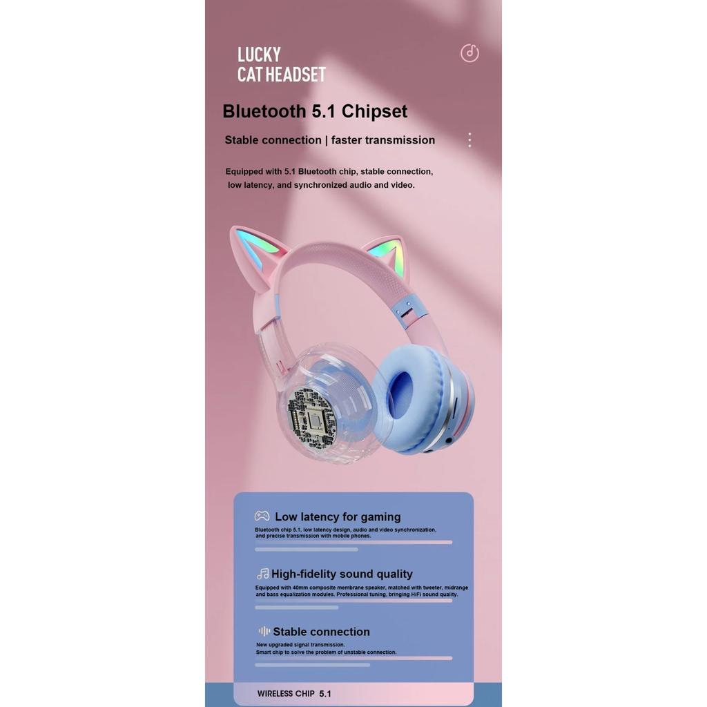LED Flash Light Bluetooth Headphones Cute Cat Ears Wireless Earphone with Mic Kids Girls Stereo Cool RGB Headsets Bluetooth 5.1