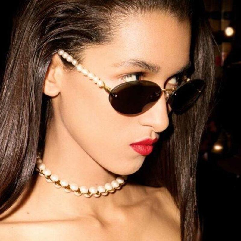Small Frame Oval Rimless Pearl Sunglasses for Women Men Luxury Brand Vintage Sun Glasses Fashion Boundless Shades Eyewear