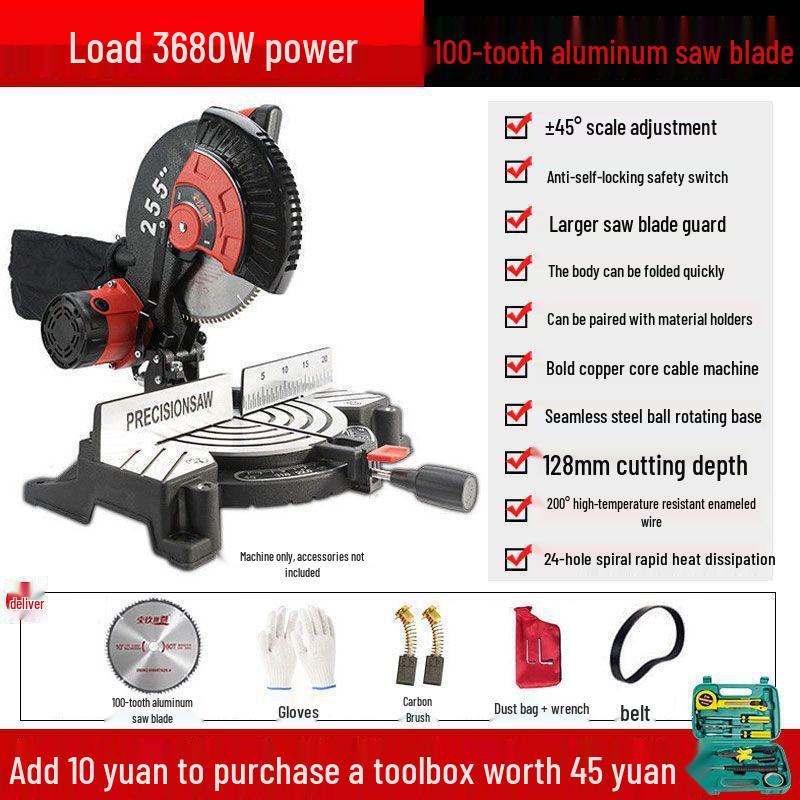 High Precision 10" Aluminum Alloy Miter Saw, 45º Multifunctional Cutting Machine