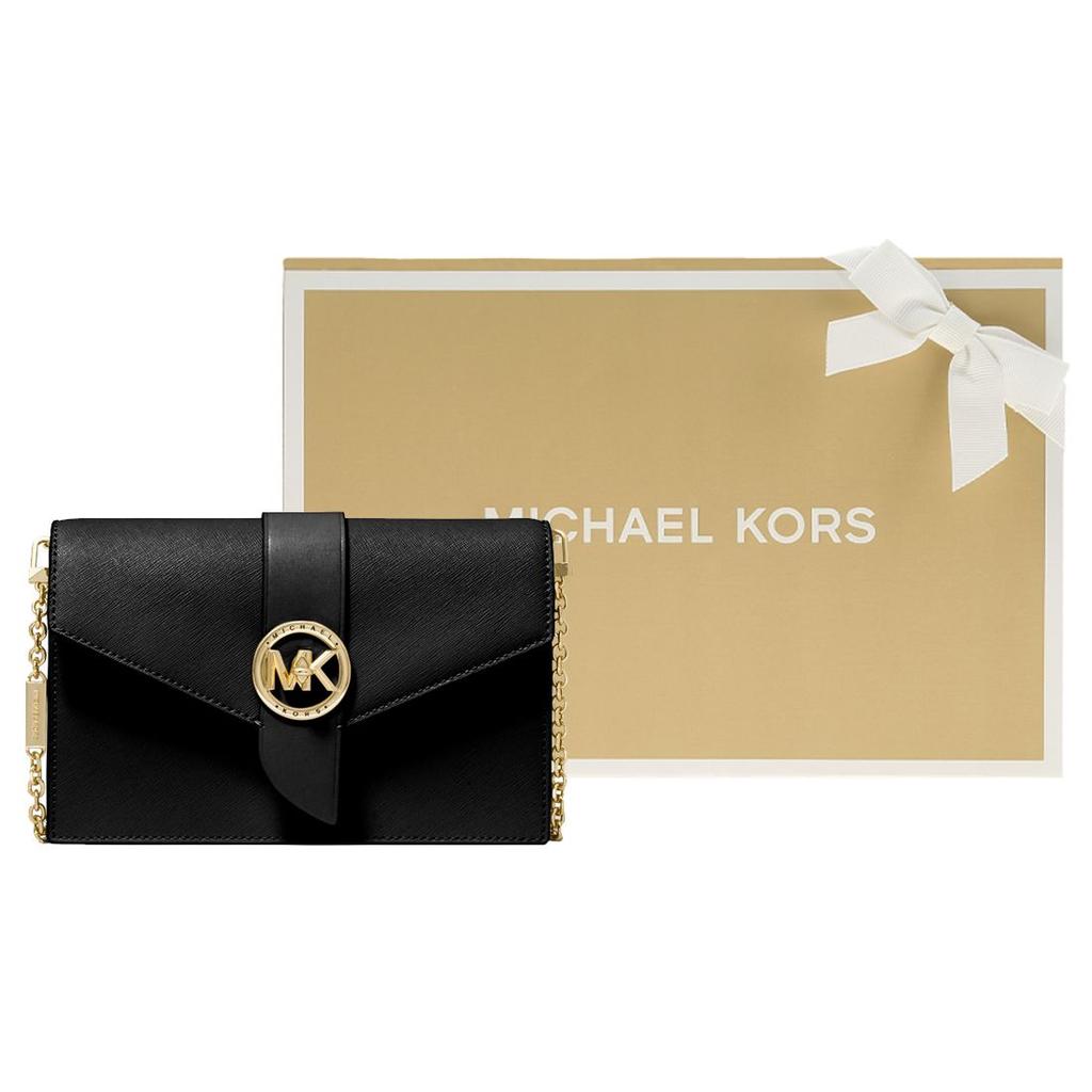Michael Kors MK Charm Lettera Logo Patta Monocolore Catena Pendolare Pelle Borsa a Tracolla Borsa da Donna Nera 32S0G00C6L-001