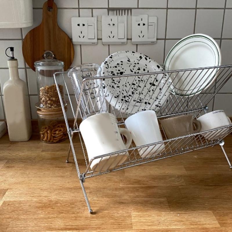Égouttoirs à vaisselle Pliables Forme en X Étagère à 2 niveaux pour sécher la vaisselle Support Séchage Assiettes Plates Bols Pour Plans de Travail de Cuisine