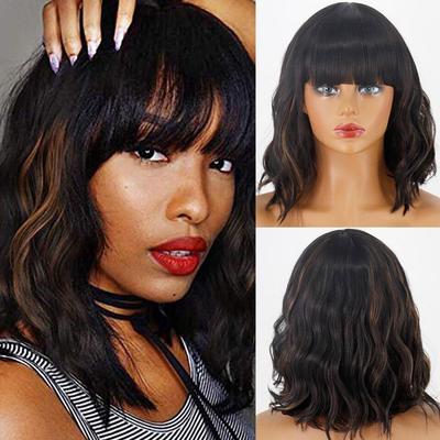 Schöne kurze Bob-Perücke für Damen, synthetische Wellenperücke, Pony, schulterlang, braun-schwarze Perücke, hitzebeständige Faser