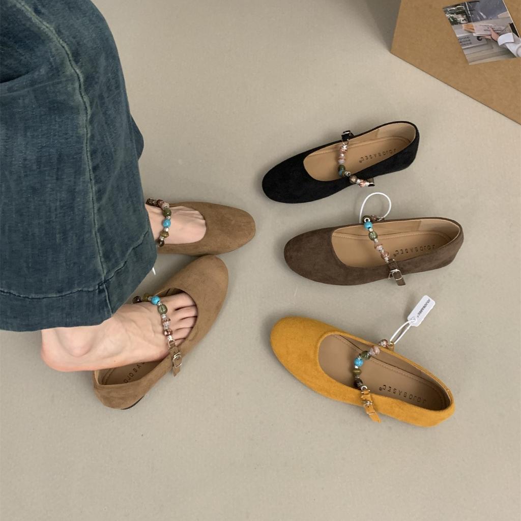 Französisches Wildleder Ein-Wort-Schnalle Mary Jane Schuhe Damen 2025 Herbst neu Nischendesign Perle weiche flache Schuhe