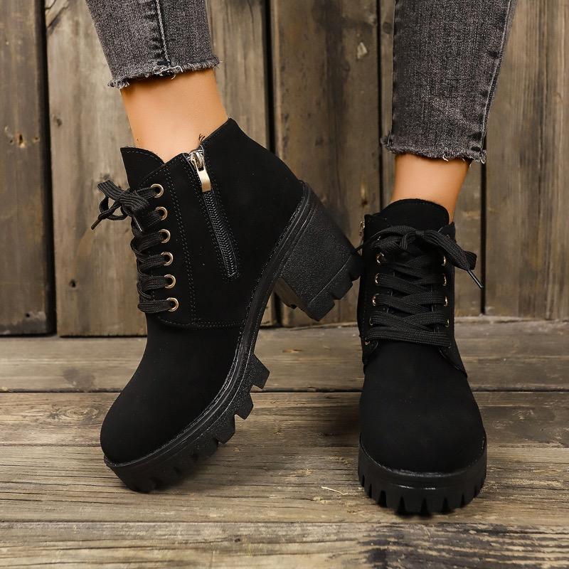 Women's Boots PU Leather Casual Boot Fashion High-heeled Ankle Boots for Women Lace Up Platform Boot Side Zipper Botas Mujer