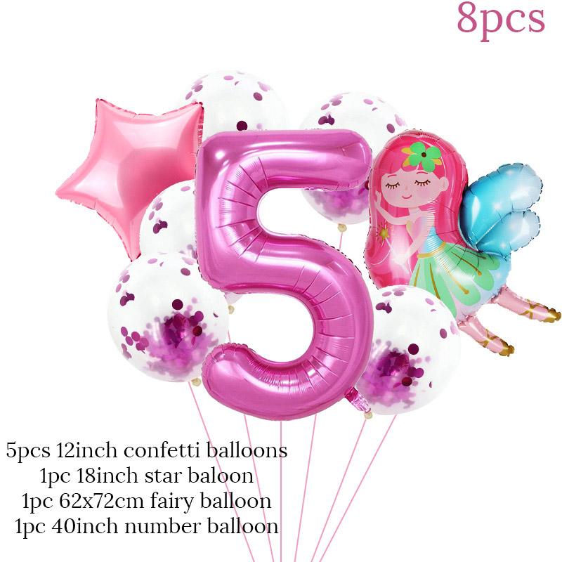 8pcs Girl Birthday Balloons Set Fairy Foil Balloons Number Helium Balloon 1 2 3 4 5 6 7 8 9 Years Old Kids Birthday Party Gifts