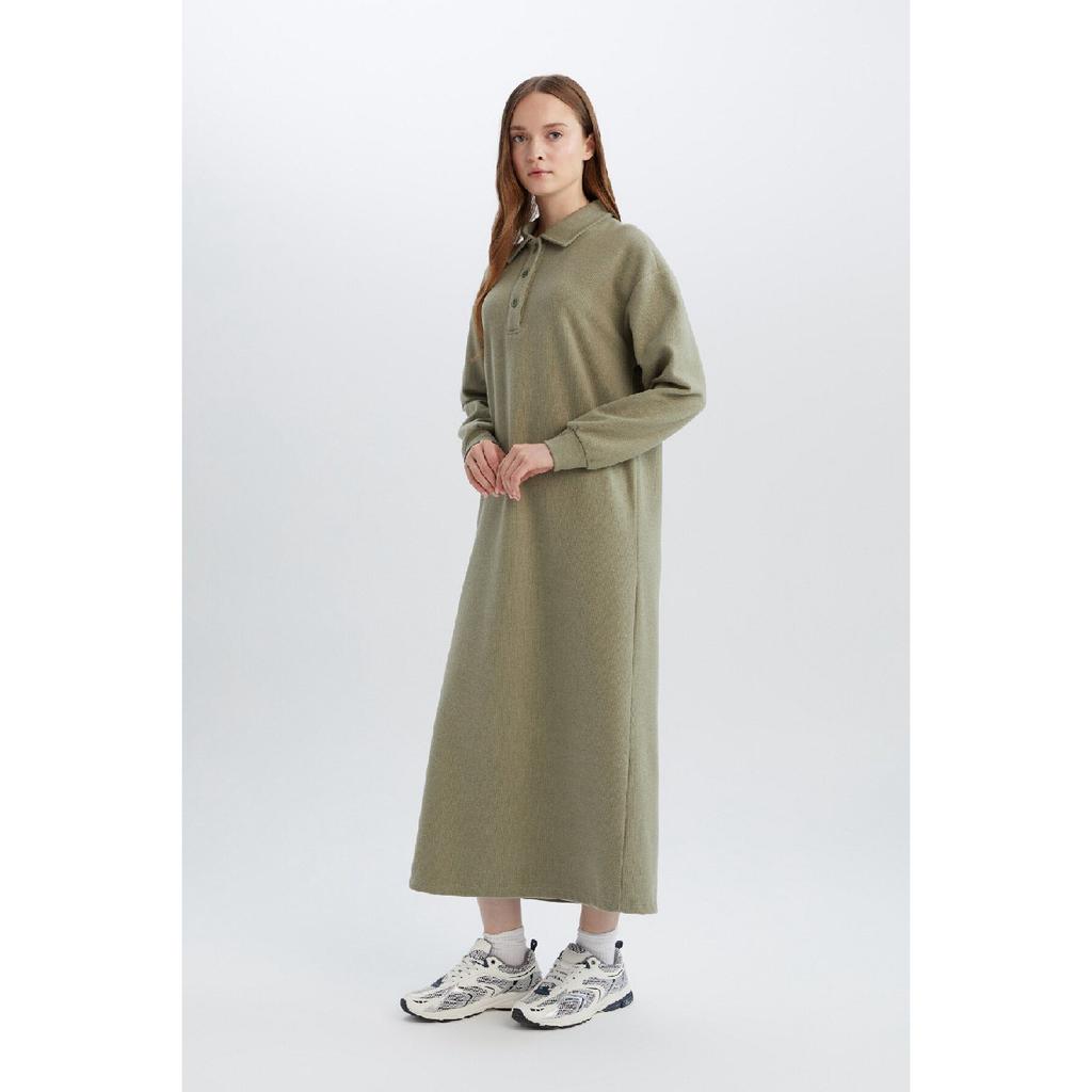 Buttoned Polo Neck Basic Plain Long Sleeve Selanik Fabric Maxi Knitwear Dress B7260ax24wn