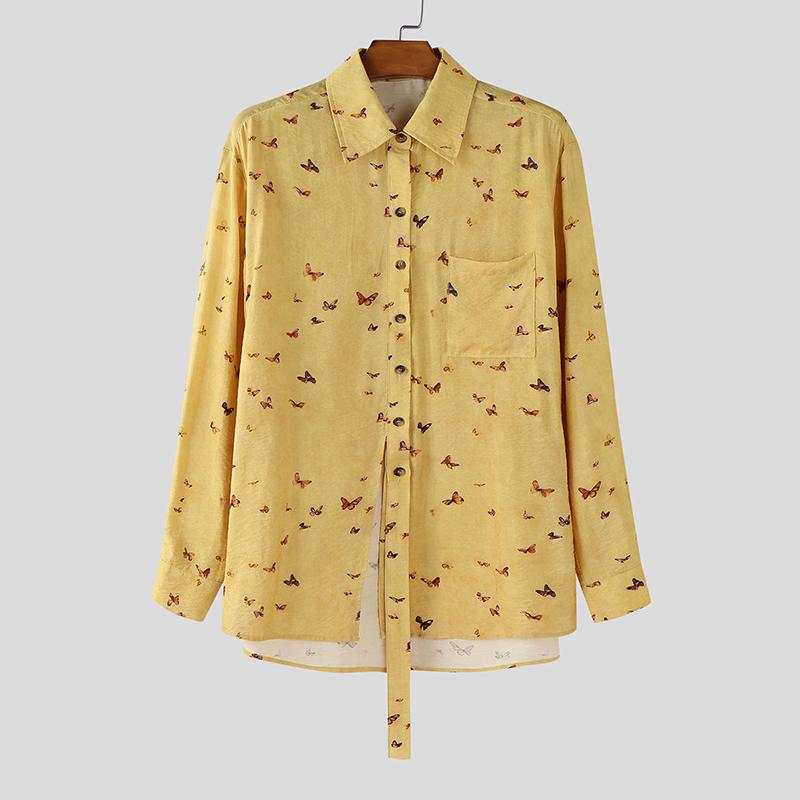 

INCERUN Oversized Men Lapel Neck Long Sleeve Floral Print Buttons Casual Loose Shirts 5XL жёлтый