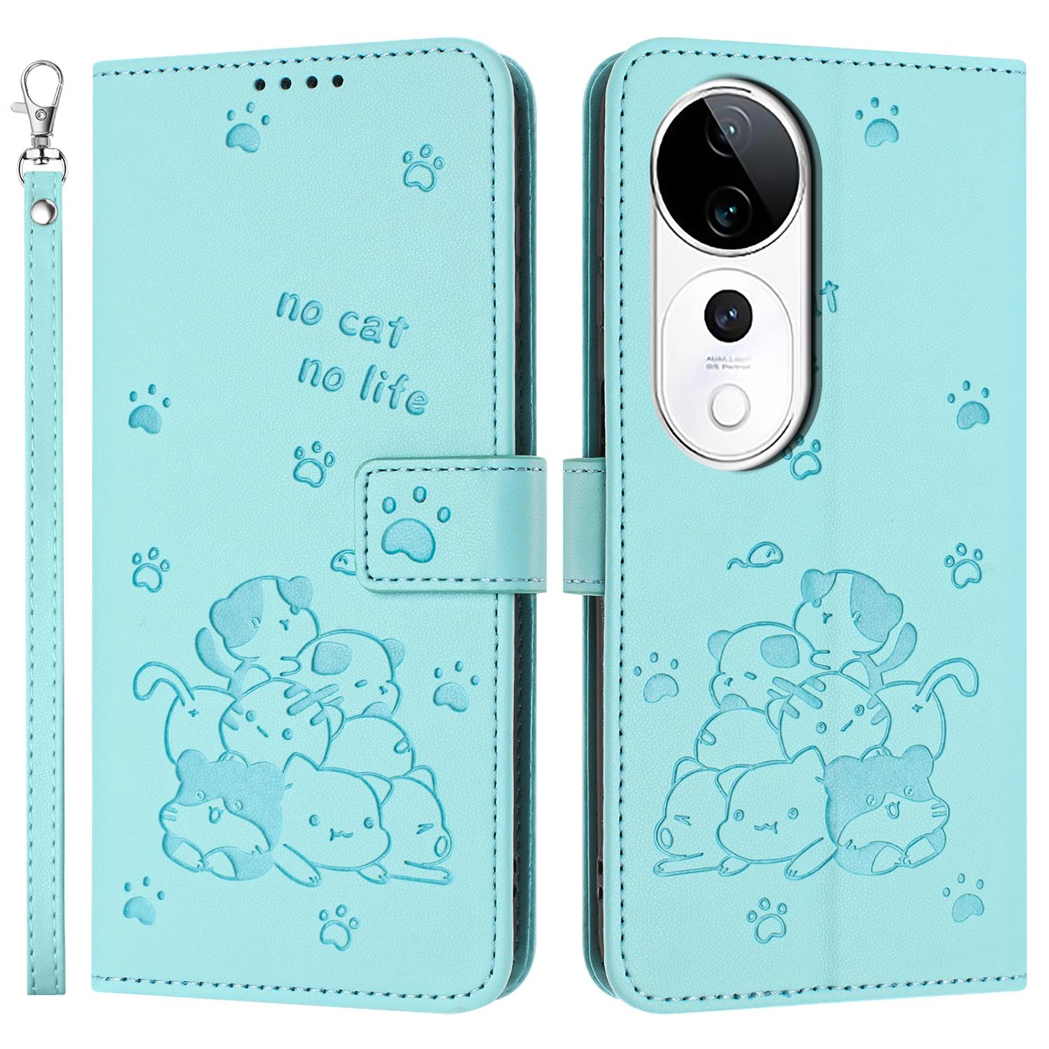 

Чехол для телефона vivo T3 Ultra 5G/V40 5G/V40 Pro 5G/S19 Pro 5G Кожаный чехол-кошелек с ремешком с оттиском кошек Green