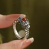Vintage Thai Silver Ring With Red Agate Inlay Adjustable Open Cuff Traditional Coin Pattern For Women
