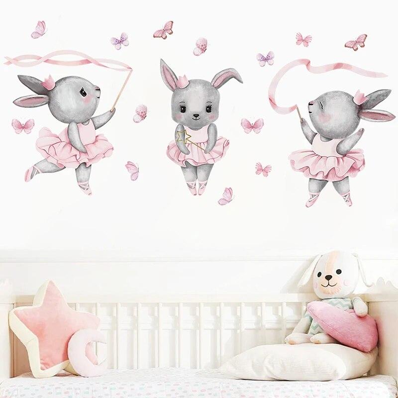 Cartoon Three Gray Rabbits Dancing Ballet Butterfly Wall Stickers for Kids Room Bedroom Nursery Home Decoration Wall Decal