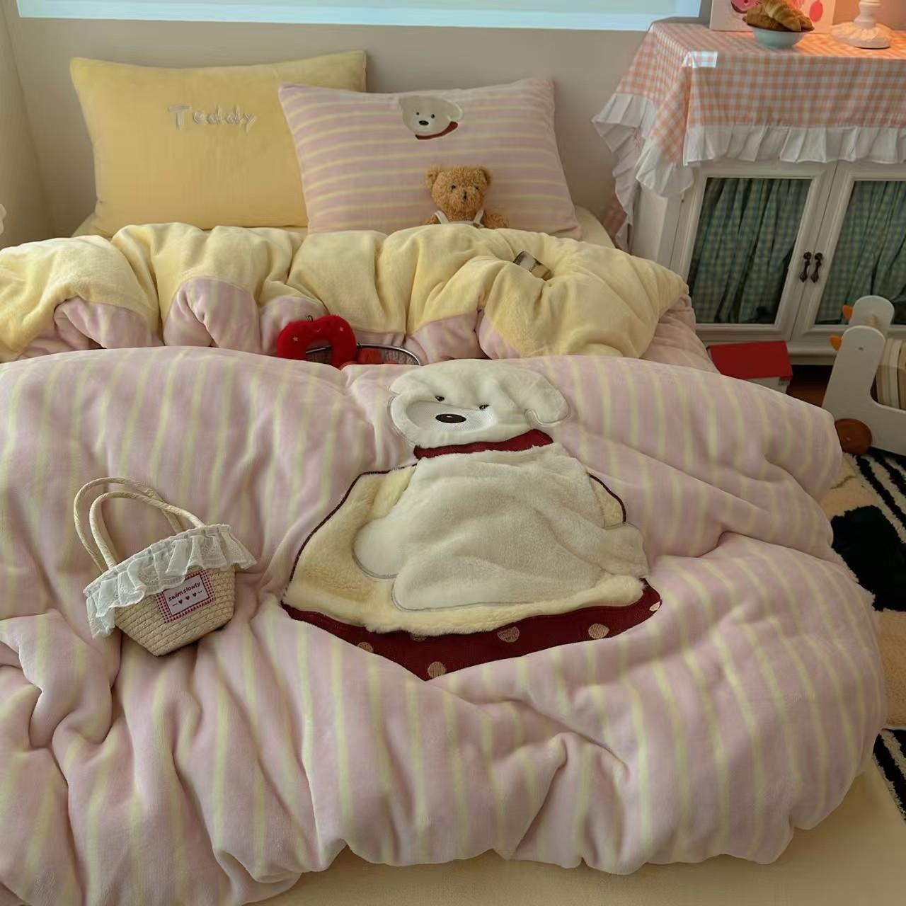 

Thickened Milk Fleece Cloth Embroidery Bed Four-Piece Set Double-Sided Coral Fleece Quilt Cover Bed Sheet Three-Piece Set Bed Hat 1.2m 3pcof sheet - 150x200 quilt