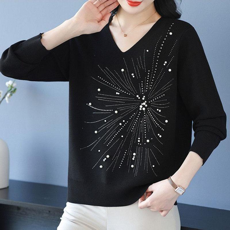Autumn and Winter Women's V-Neck Sweater Solid Color Loose Beaded Sweater Plus Size Knitted Pullover Top
