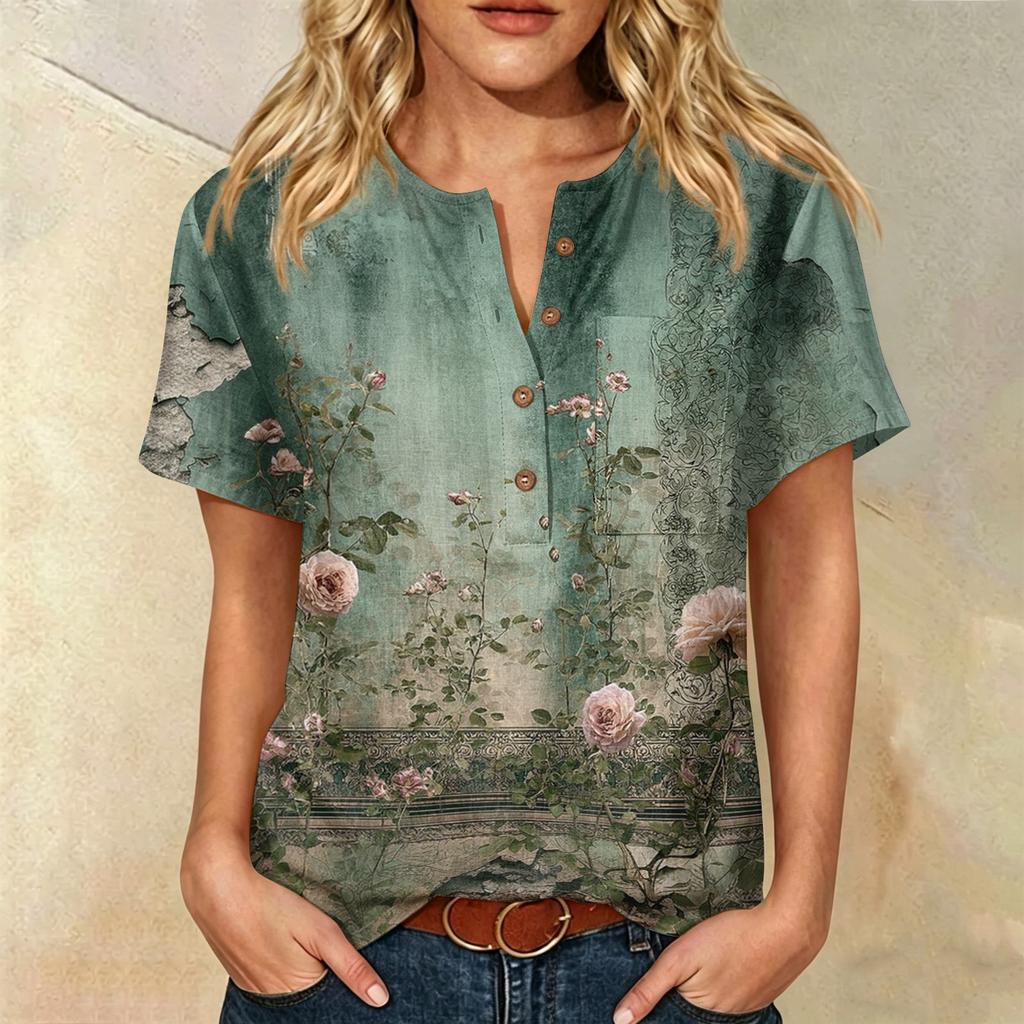 Damen Kurzarm Baumwoll-Leinenhemd mit Modischem Print Henley Knopfleiste und Brusttasche Lockerer Schnitt Lässiges Oberteil