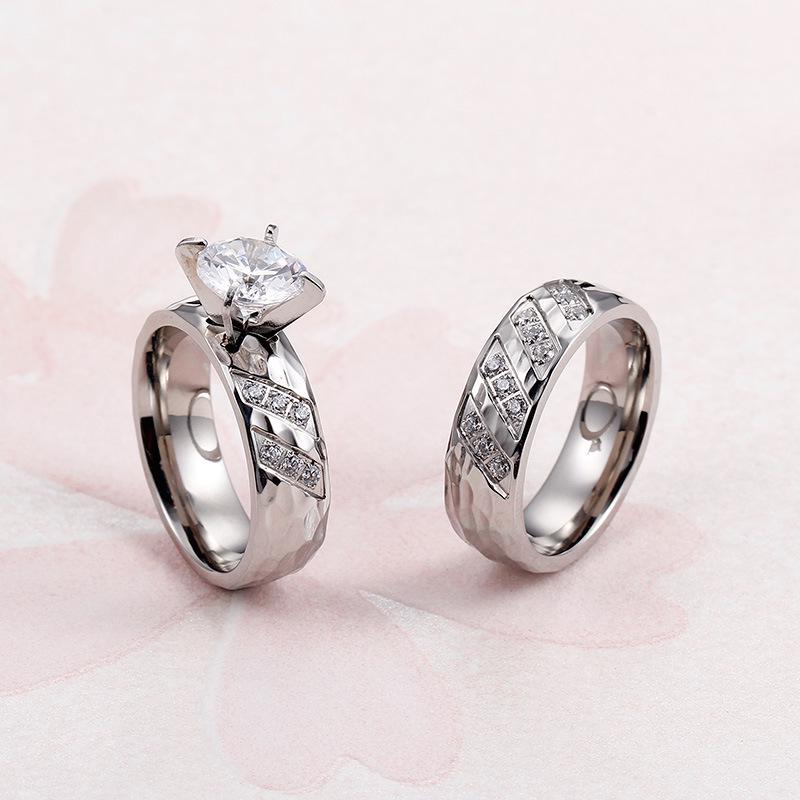 Kalon Japanese-Korean Minimalist Titanium Steel Couple Rings - 18K Gold Textured Diamond Wedding Bands
