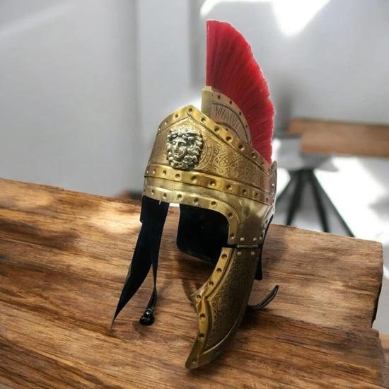 Roman Gladiator Helmet with Red Crest and Brass Queen Crest Handcrafted Medieval Warrior Armor Gift