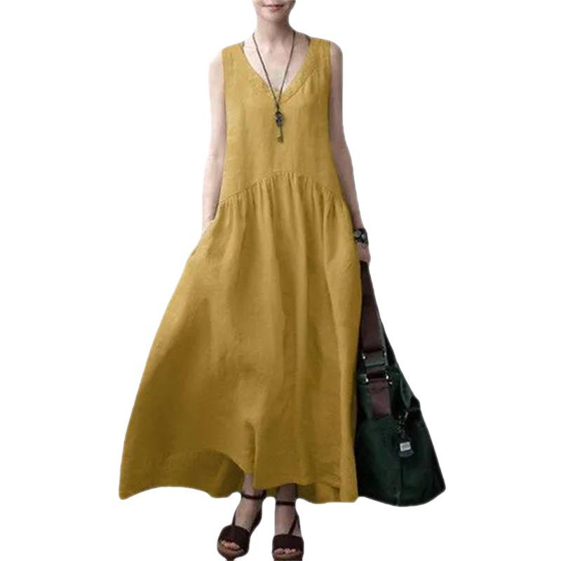 Women's Sleeveless Cotton Linen Pleated Maxi Dress