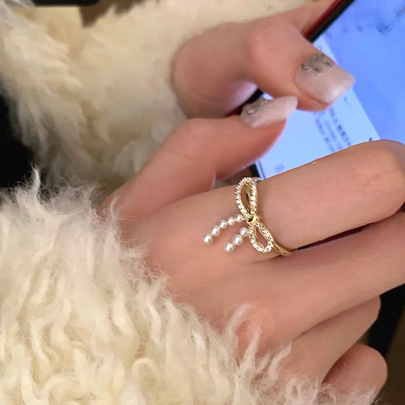 Feiner Blitz Zirkon Schleife Perle Öffnungsring Damen Leichter Luxus Elegant Sanft Persönlichkeit Mode Vielseitiger Ring Ring