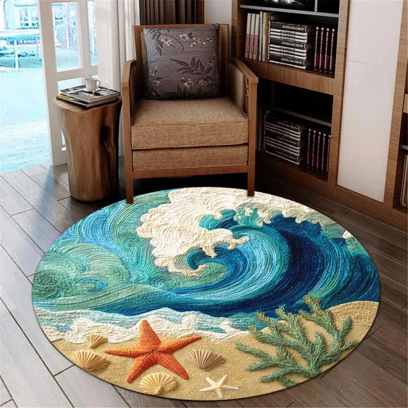 Zeestrand Serenity Cirkelkleed Dynamische Blauwe Golven die Neerslaan op Warm Zandstrand Zeesterren Schelpen Kustvloerkunst Woonkamer