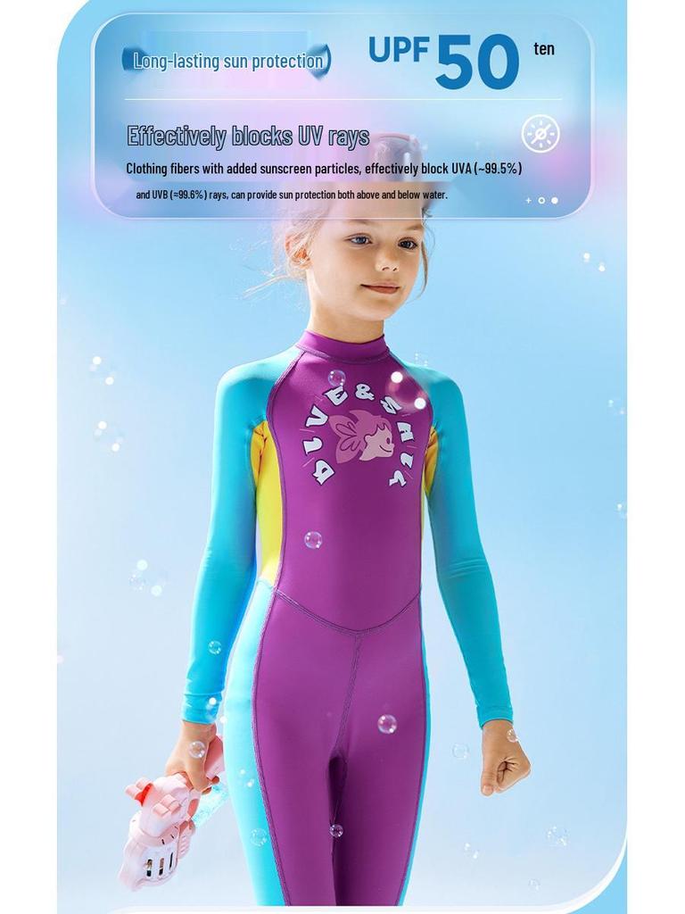 Girls' Long-Sleeve One-Piece Swimsuit - Sunscreen, Quick-Drying, Breathable for Swimming & Diving