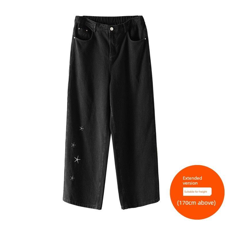 

Plus size women clothing [Loose Jeans] Three Pants Length Early Autumn New Retro Embroidered High Waist Loose Wide Leg Pants