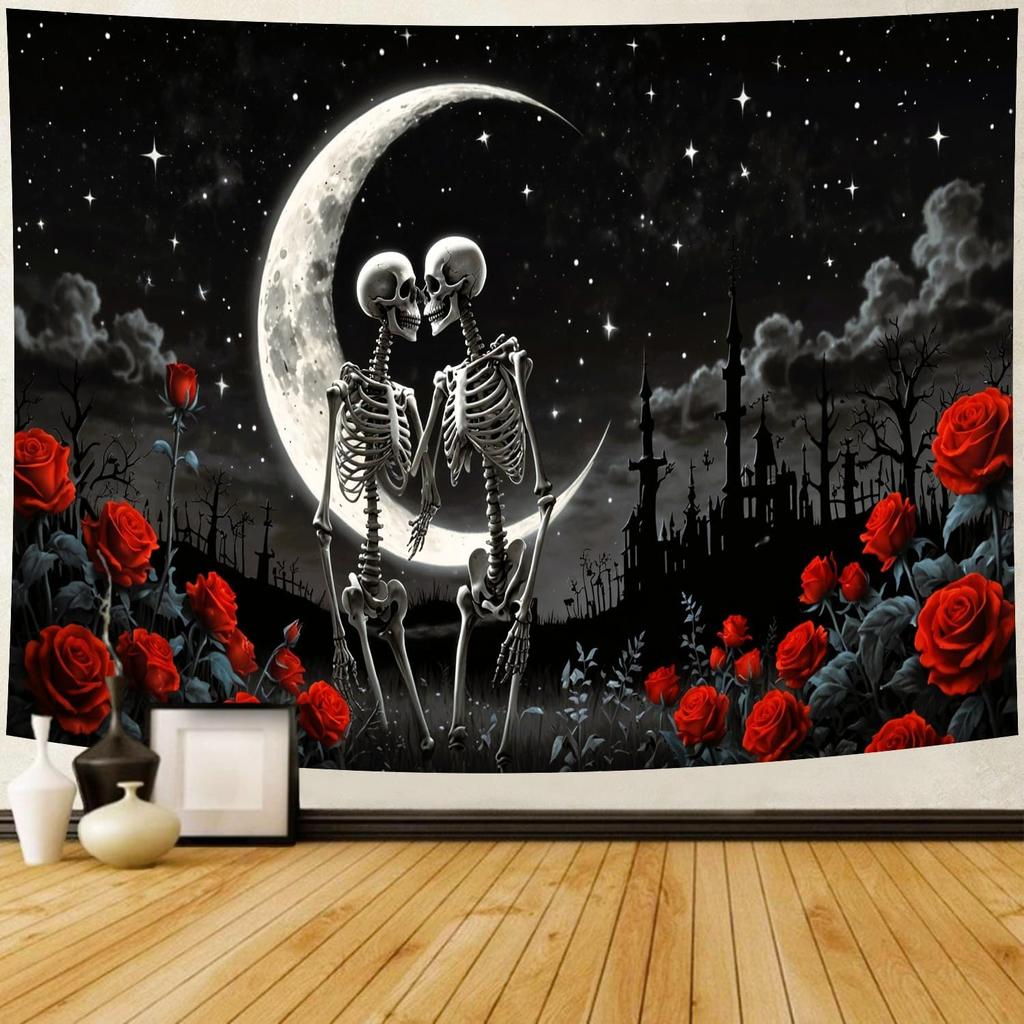 Skull Tapestry Gothic Black and White Romantic Constellation Skeleton Tapestry Floral Abstract Psychedelic Hanging Headboard