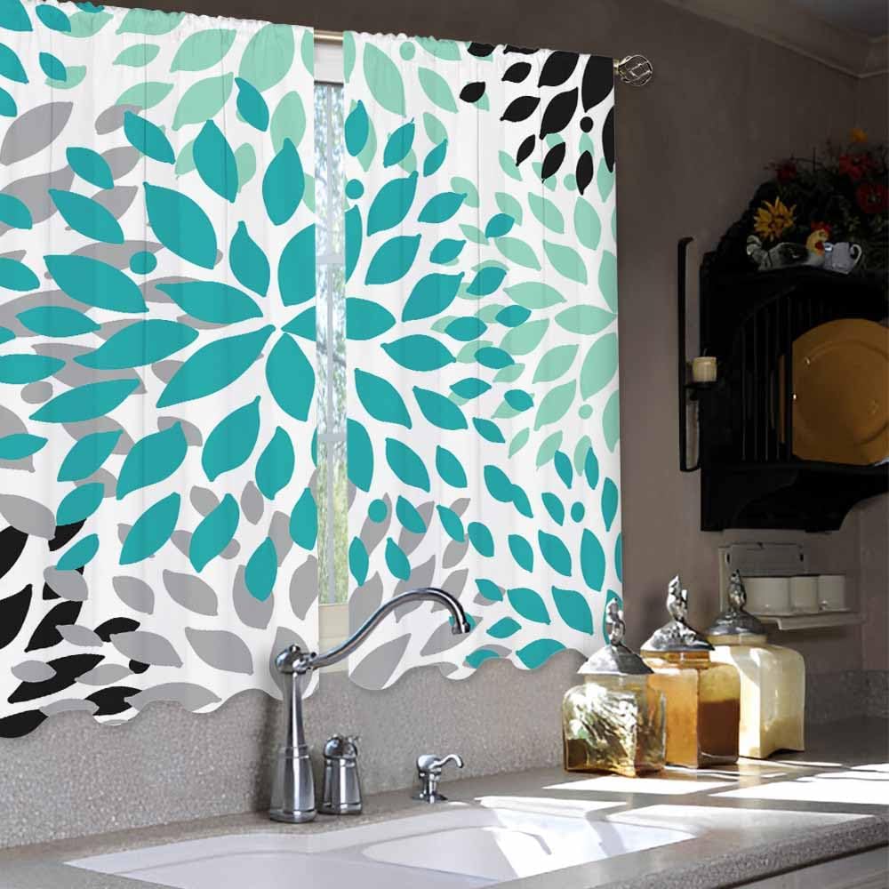 Flower Pattern Kitchen Curtains Abstract Floral Green Grey Black Petals Art Design Short Tier Curtains for Bathroom Cafe Small W