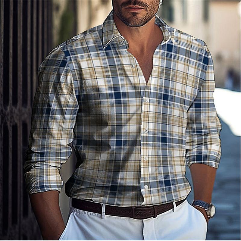 Camicia da Uomo con Collo a Revers e Bottoni Estate Design Casual Spiaggia Manica Lunga Comoda a Quadri Color Block Abbigliamento da Uomo Top