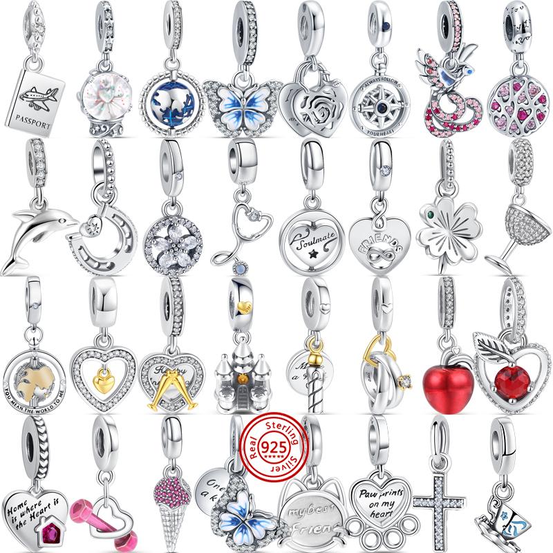 

92 стильный кулон с принтами лап, бабочки, сердечки, крылья, снежинки, блестящие бусины, подходят для оригинального браслета-подвески S925, серебряные украшения