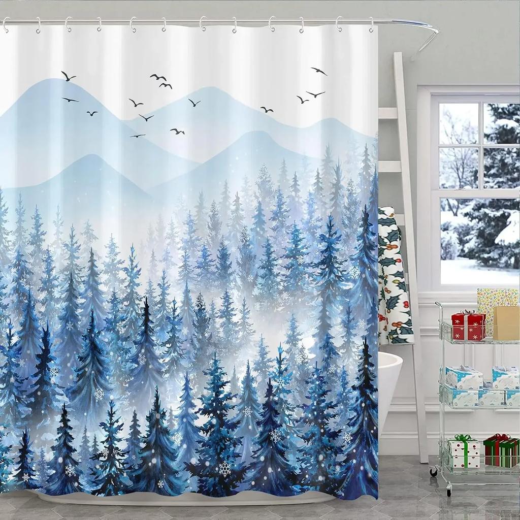 Winter Forest Shower Curtains Snow-covered Pine Alpine Peaks Idyllic Early Morning Scenery Seasonal Christmas Elk Bathroom Decor