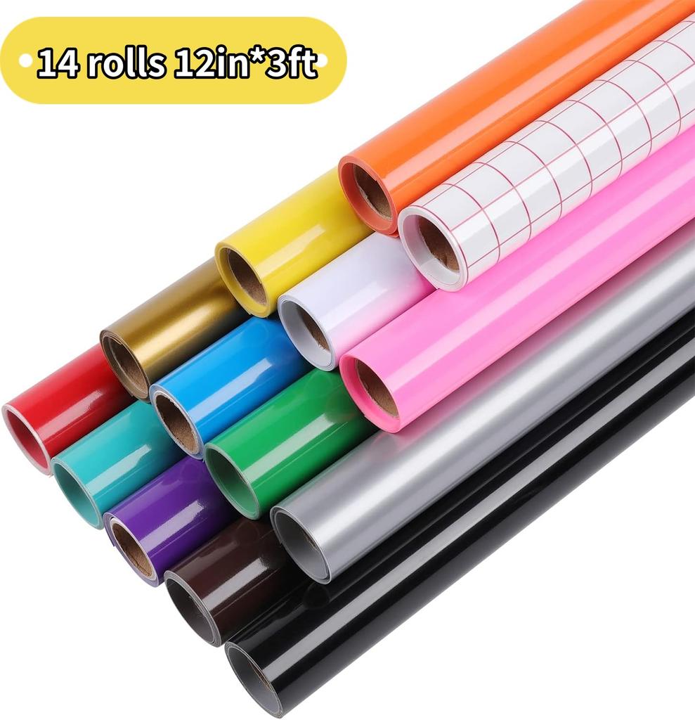 18/14 Pack 12X3ft Multi Colors Permanent Adhesive Vinyl Roll for Cricut Craft DIY Cup Glass Phone Case Decor EASY TO CUT