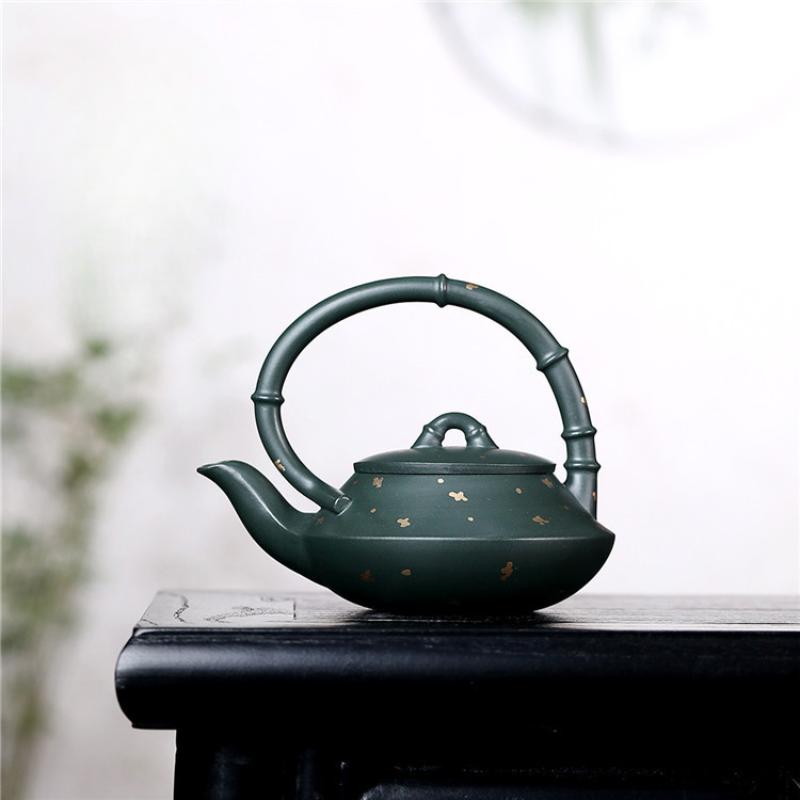 280ml Authentic Yixing Purple Clay Teapot Handmade Sprinkle Gold Bamboo Joint Pot Raw Ore Green Mud Kettle Zisha Teaset Supplies