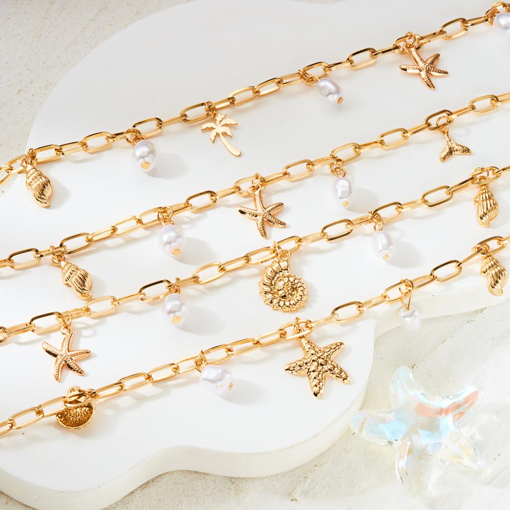Bohemian Starfish Conch Mermaid Tail Pendant Necklace for Women Minimalist Imitation Pearl Beaded Chain Holiday Jewelry Gift
