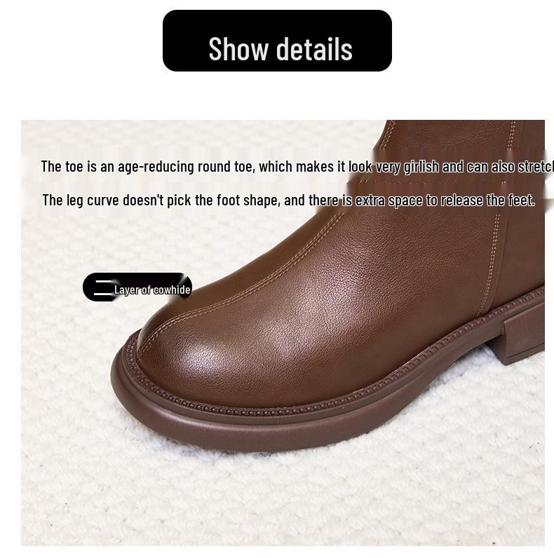 Women's Vintage Korean Style Mid-Calf Leather Martin Boots, Autumn/Winter Collection, Plus Size, Back Zipper, Casual Slimming Design.