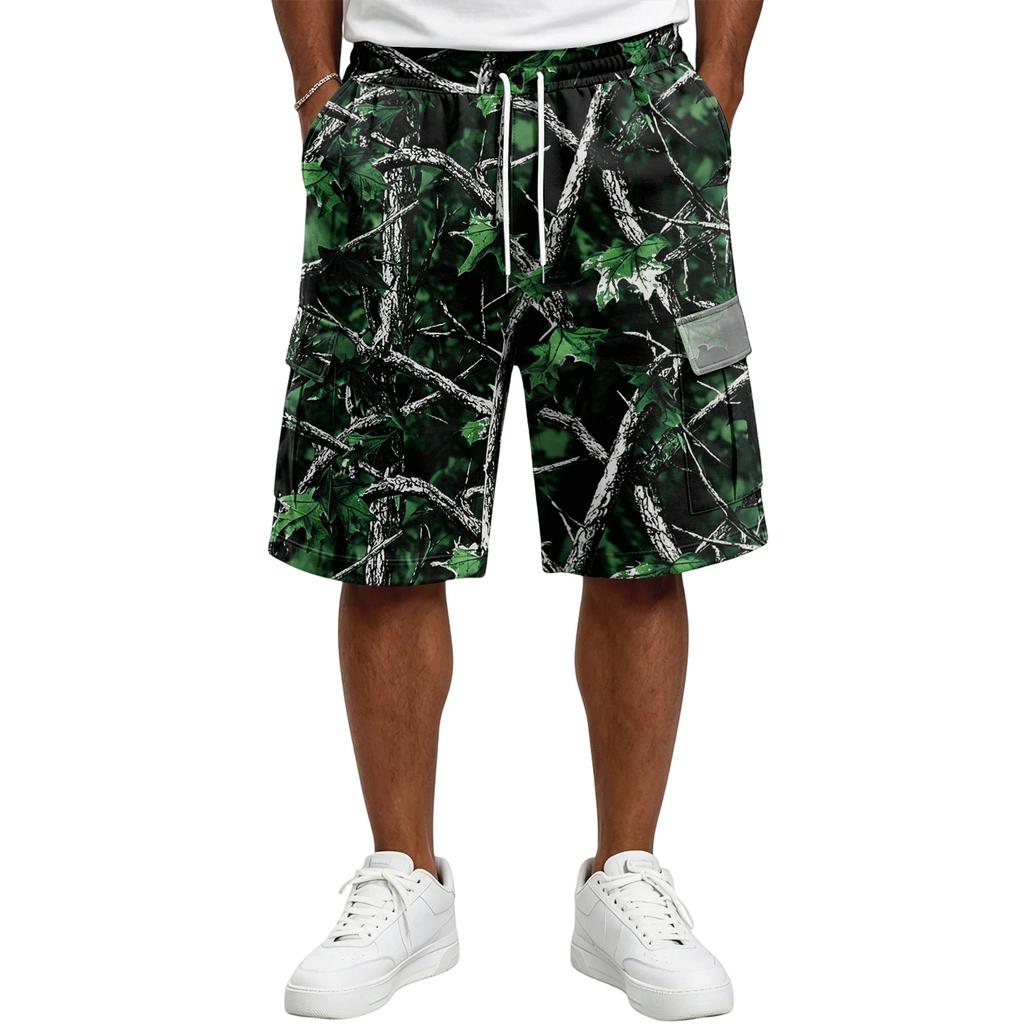 Pantalones Cortos Casuales para Hombre con Estampado de Árboles Camuflados, Cintura con Cordón, Bolsillos, Corte Holgado, Tejido Ligero y Transpirable para Uso Diario