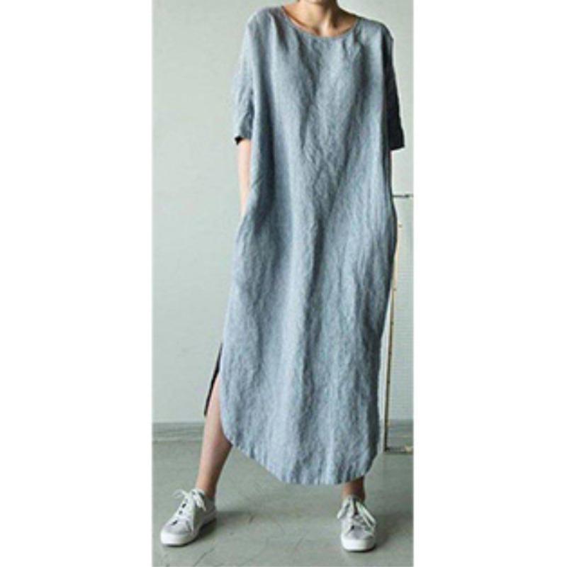 

Летние женские платья больших размеров с круглым вырезом, рукавом до локтя, однотонные, миди, с боковым разрезом M светло-синий