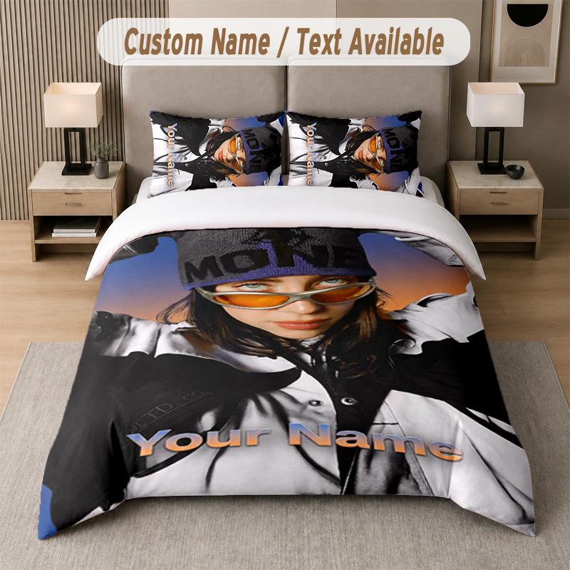 Billie Eilish 3Pcs Bedding Set, Personalized Custom Name Text, 1 Duvet Cover & 2 Pillowcases For Bedroom