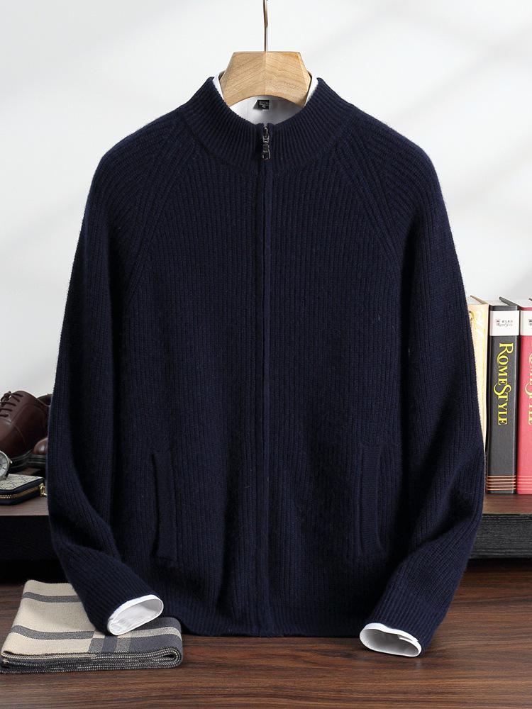Men's Solid Color Cashmere Knit Cardigan - Autumn/Winter 2025, Loose, Soft, Comfortable, Zipper, Long Sleeve, Versatile.