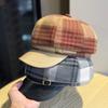 Versatile Leather Brim Plaid Octagonal Hat for Women in Spring and Autumn Trendy Painter's Hat with Small Face and Elegant Temperament