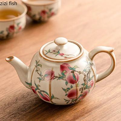Ru Kiln Yellow Ceramic Teapot Tea Table Kung Fu Tea Set Peach Patterned Teapot Teacup Bamboo Wood Glass Tray Household Tea Set