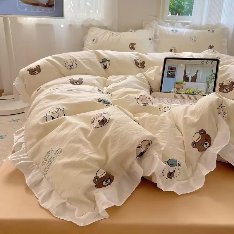 High-value Ins Lotus Leaf Lace A-type Washed Cotton Quilt Cover Skin-friendly Bed Sheet Four-piece Set Dormitory Bedding