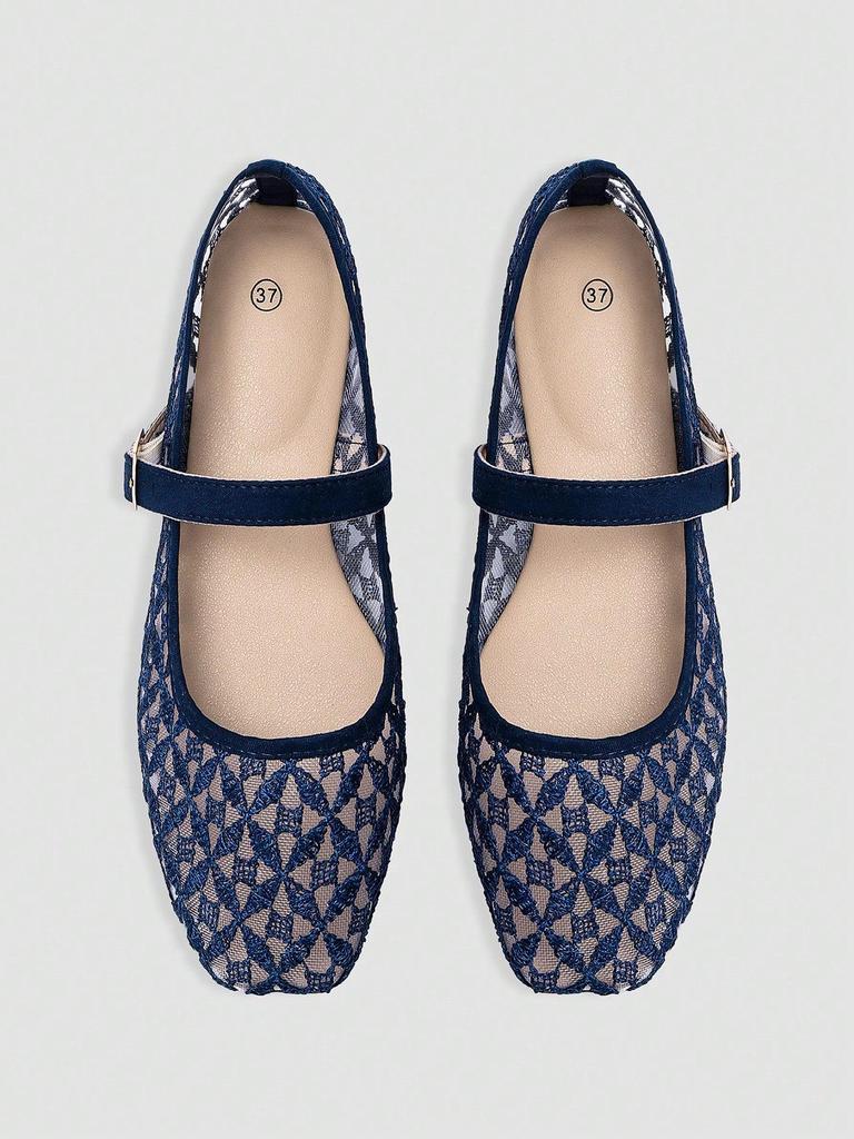 Women's Black Square Toe Ballet Mary Jane Flats with Cross Pattern Embroidery Detail and Black Buckle Strap