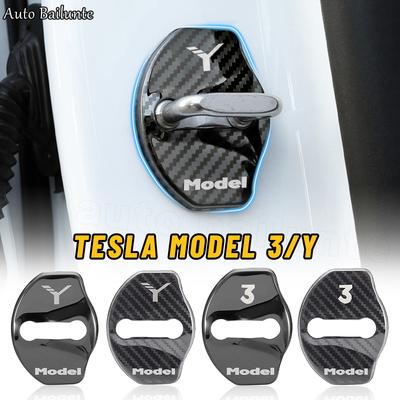 Copertura Fibbia Serratura Porta Auto Serratura Porta Adesivo Metallico Nero/Fibra di Carbonio Per Tesla Model Y Model 3 2023 2022