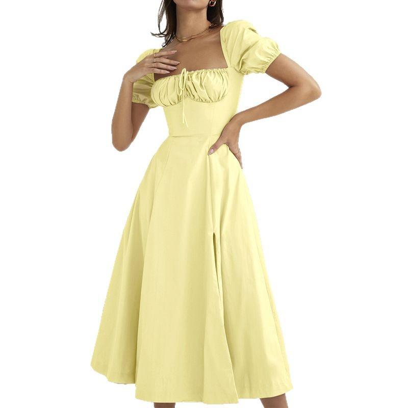 Women's Clothing, New Spring Models In Europe and America, French Style Sweet Bubble Sleeve Lace-up Split Dress