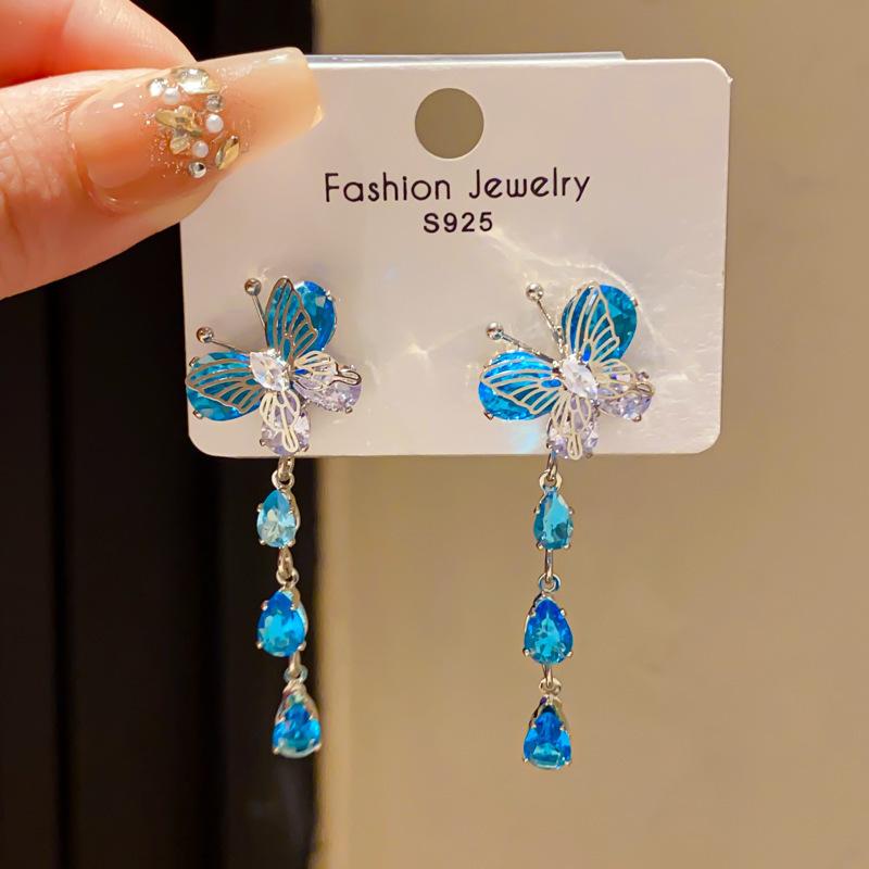 Retro Silver Needle Zircon Glass Water Drop Earrings Court Temperament Stud Earrings Personality Trend Versatile Earrings Women