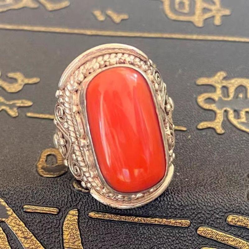 Xizang Mongolian Ethnic Element Simulation Coral Ring Women's Ring Open Index Finger Ring Men's Retro Simulation Gemstone