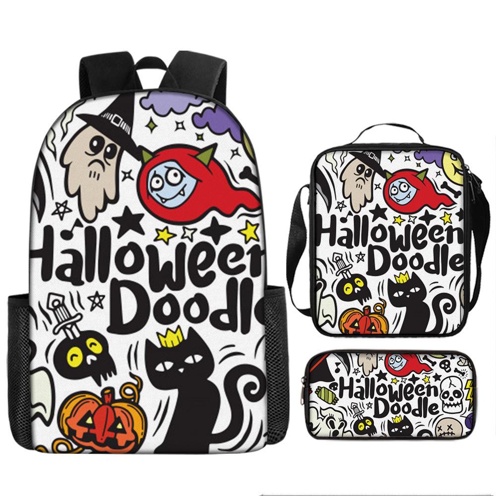 Halloween Backpack Pumpkin Ghost 3-Piece Set Schoolbag Kids Shoulder Bag Cute Bookbag for Boys Girls