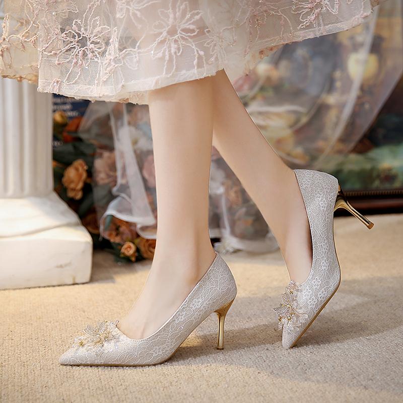 Stiletto Single Shoes Autumn New Pointed Toe Shallow Mouth Crystal Pearl Flower Slip Anti-slip Wear-resistant High Heels